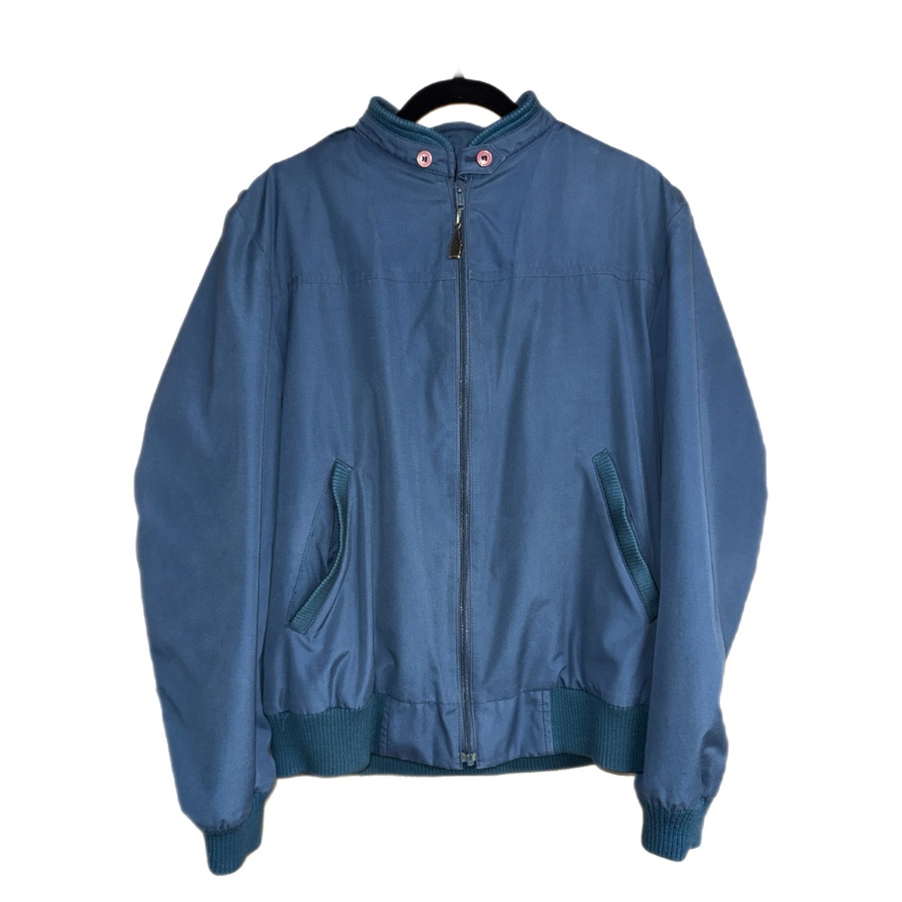 London Fog Vintage Blue Bomber Jacket Faux Fur Pile Lined Mens 42 Long Epaulets